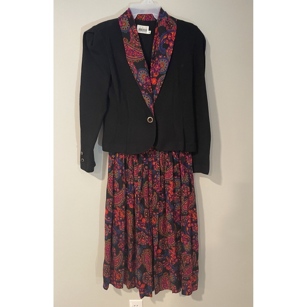 VTG LESLIE FAY Blazer Skirt 2 Piece Set Paisley Black Size 8‎ Petitie Teacher